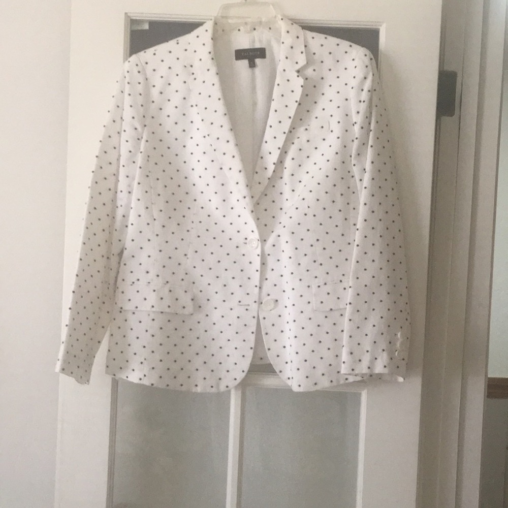 Talbots White and navy dotted linen blazer